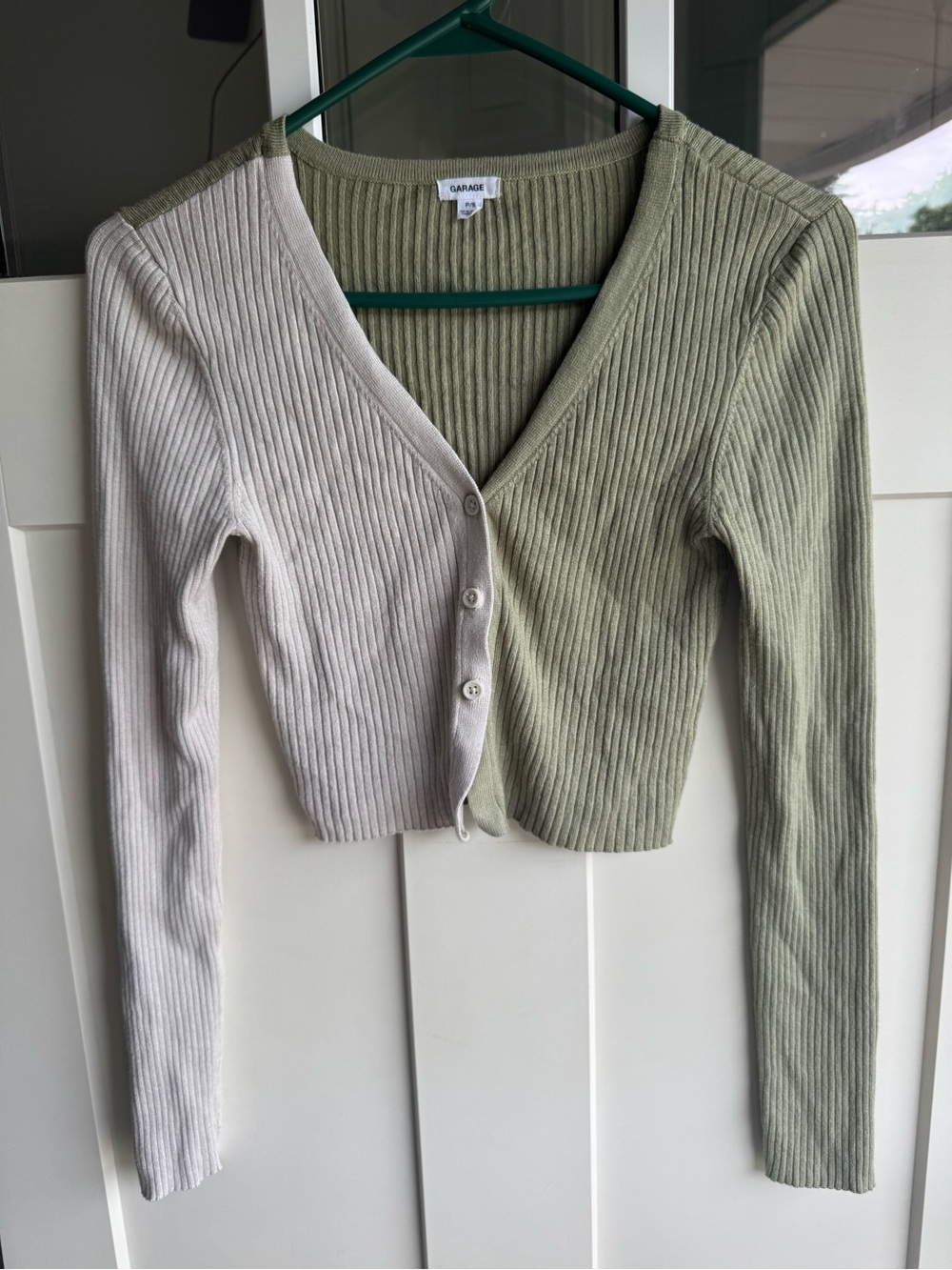 Garage Two-Color Ribbed V-Neck Cardigan - Sage & Cream